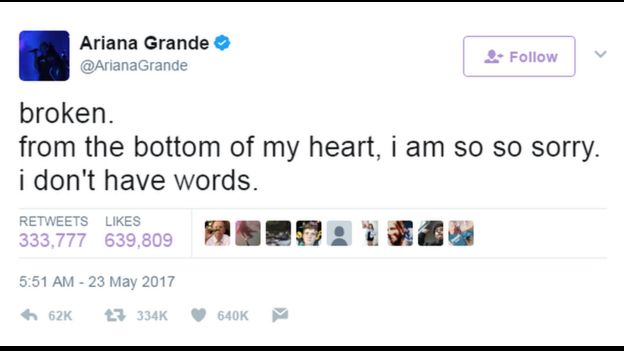 Ariana Grande, Twitter hesabından 'çok üzgün olduğu' mesajını paylaştı.