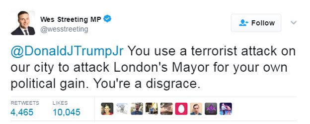 Wes Streeting tweet: "You use a terrorist attack on our city to attack London's Mayor for your own political gain. You're a disgrace"