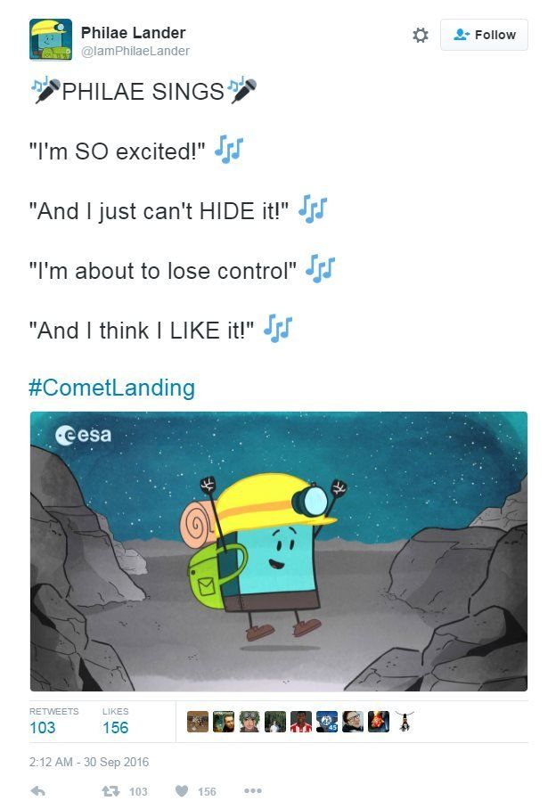 A cartoon depiction of the Philae Lander probe is celebrating the Rosetta probe joining it on the comet. He sings 'I'm so excited' by the pointer sisters.