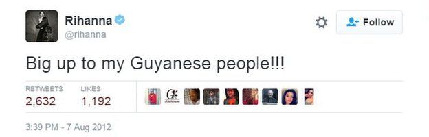 Rihanna tweet reads: Big up to my Guyanese people!!!