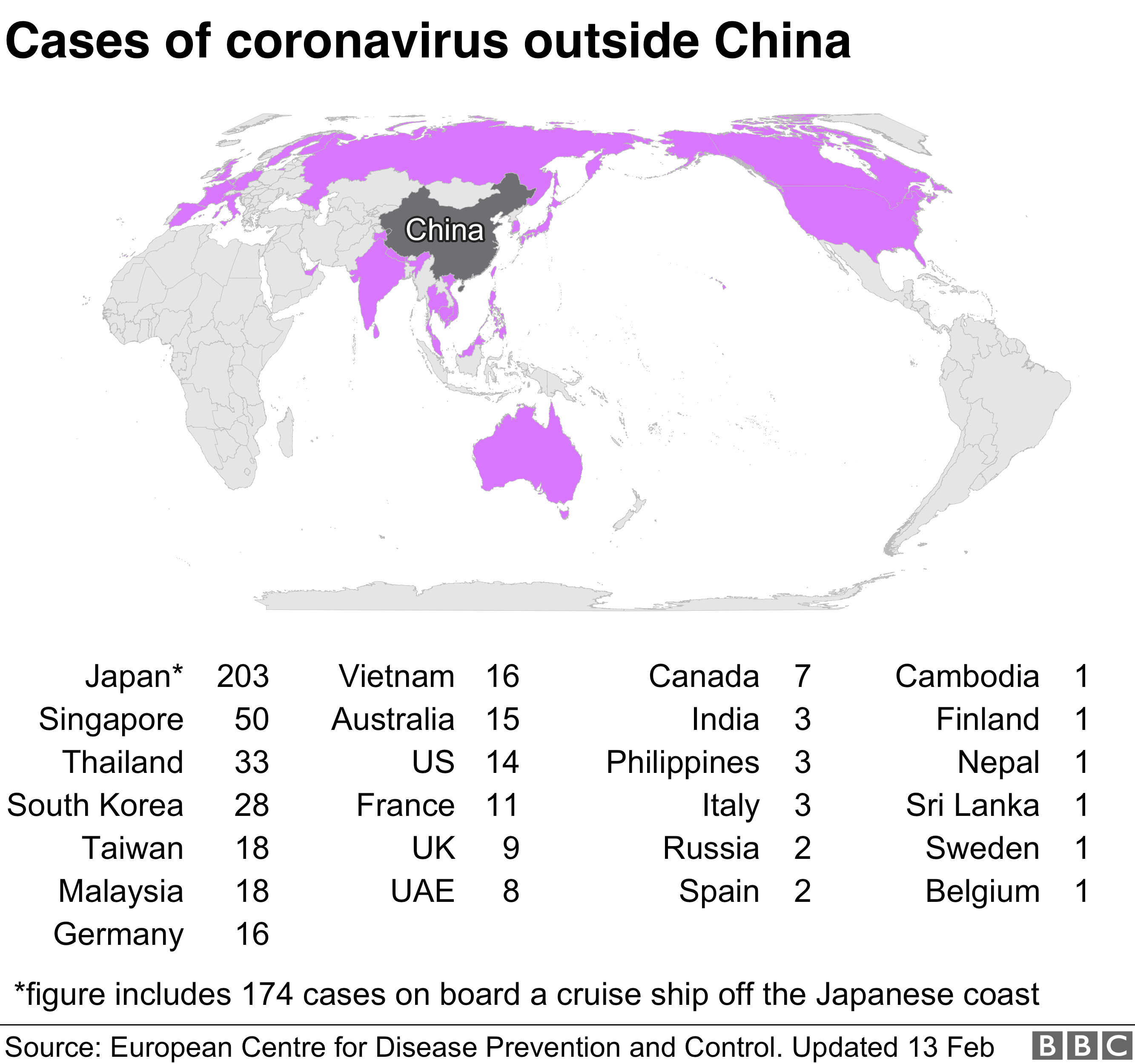 Map showing countries with confirmed cases of coronavirus