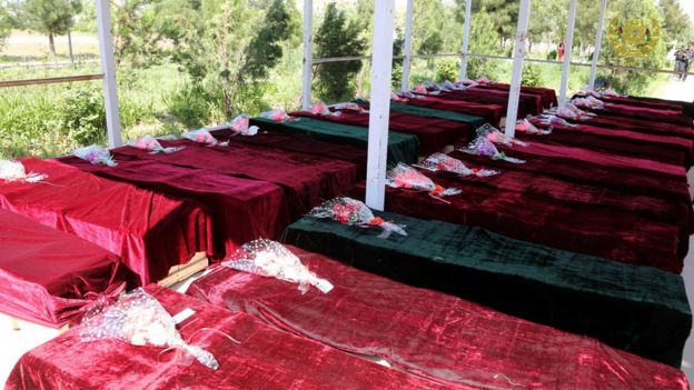 Coffins containing the bodies of Afghan soldiers killed in the 21 April attack on an army headquarters are lined up in Mazar-e Sharif, northern Afghanistan on 22 April 2017