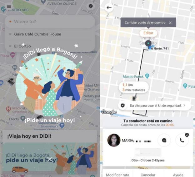 Captura de pantalla de la aplicación Didi Chuxing en Bogotá