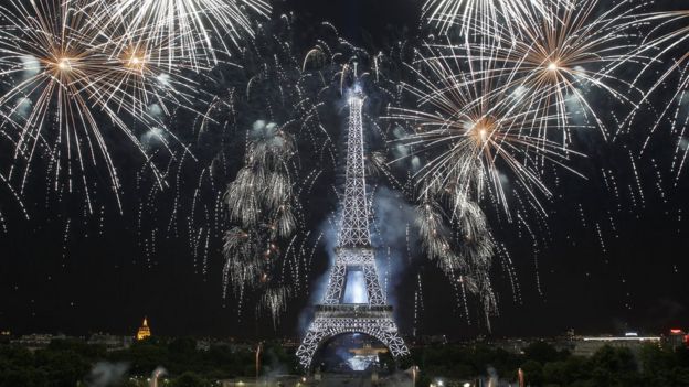 Torre Eiffel y fuegos artificiales.