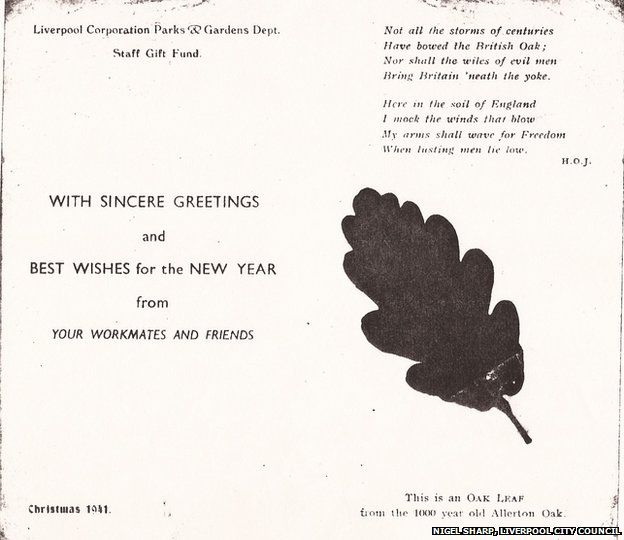 In 1941, this Christmas card containing a leaf from the Allerton Oak was sent to soldiers