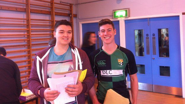 Smiling pupils celebrate their results at Sullivan Upper School in Holywood, County Down