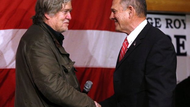 Steve Bannon and Roy Moore during campaign event at Fairhope, Alabama - 5 December
