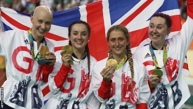 Joanna Rowsell-Shand, Elinor Barker, Laura Trott and Katie Archibald celebrate GB women's team pursuit gold in Rio