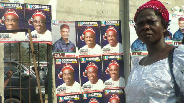 Posters mainly showing the image of Senator Godswill Akpabio in Akwa Ibom state, Nigeria