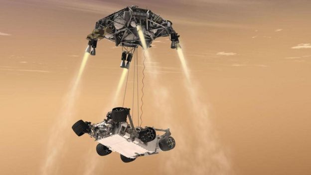 رسم توضيحي لمركبة فضائية تحاول إنزال المسبار على سطح المريخ