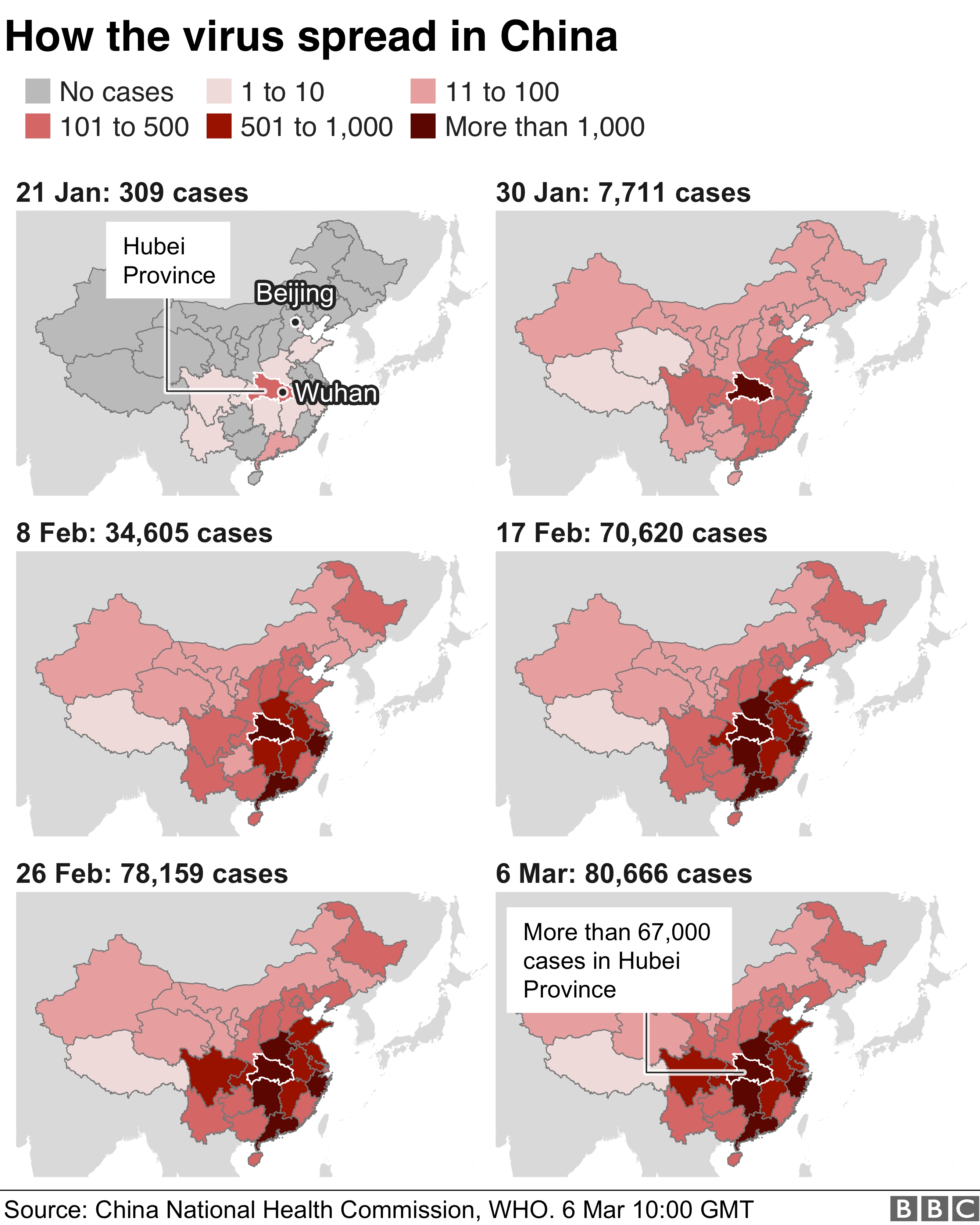 Chart showing how the virus has spread in China 6 March