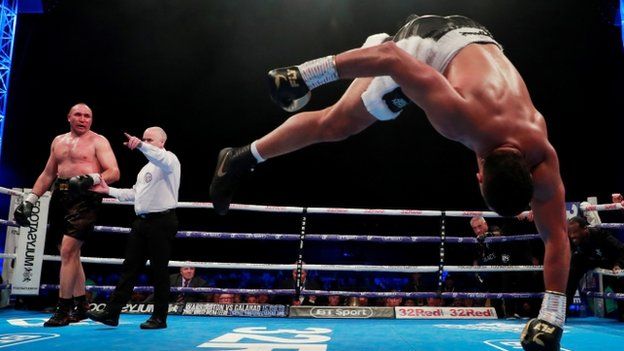 Joe Joyce celebrated with a flip after winning for the ninth time as a professional