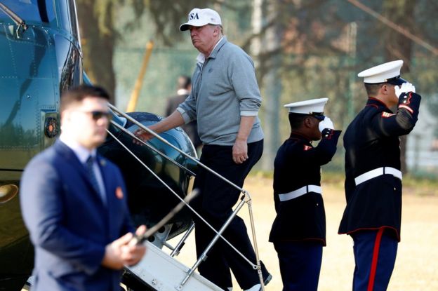 Donald Trump departs after a round of golf with Japan's Prime Minister Shinzo Abe at Kasumigaseki Country Club in Kawagoe, Japan, 5 November