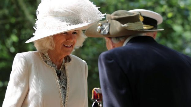 Duchess of Cornwall speaks with a World War Two veteran during the VJ Day National Remembrance event