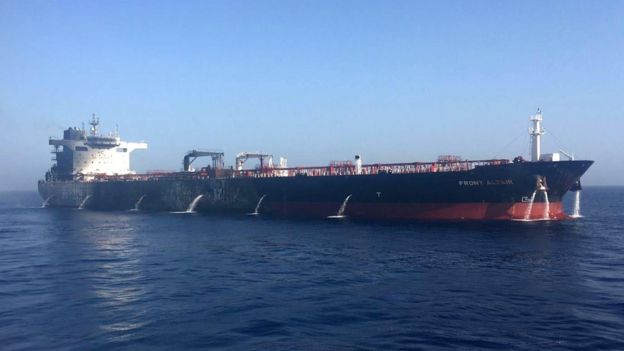 A handout photo made available by the Norwegian company Frontline showing the tanker Front Altair after a fire onboard the ship in the Gulf of Oman (13 June 2019)