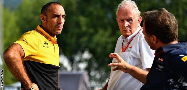 Renault F1 general manager Cyril Abiteboul with Red Bull's Helmut Marko and Christian Horner