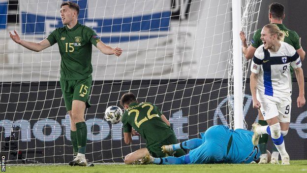 Fredrik Jensen celebrates scoring Finland's winner as Republic centre-back Dara O'Shea shows his frustration