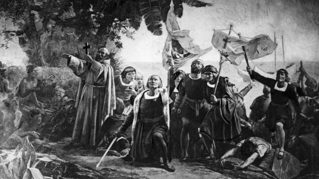 Ilustración que muestra la llegada de Cristóbal Colón a América