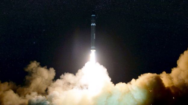 Photo taken released on 30 November 2017 by North Korea\'s official Korean Central News Agency (KCNA) shows launch of the Hwansong-15 missile, said to be capable of reaching all parts of the US