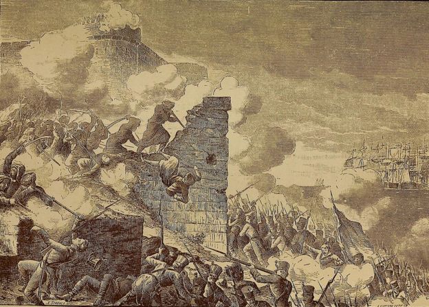 Grabado que representa el Asedio de Acre, el sitio francés de la ciudad amurallada de Acre, defendida por los otomanos durante la invasión napoleónica de Egipto, 1799.