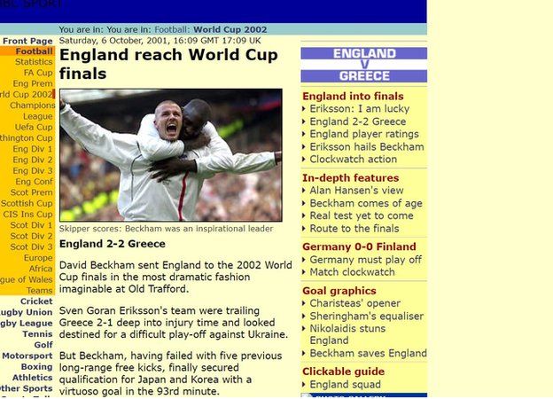 How the BBC Sport website covered the game in 2001