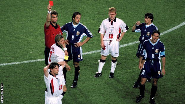 David Beckham is sent off at France 98