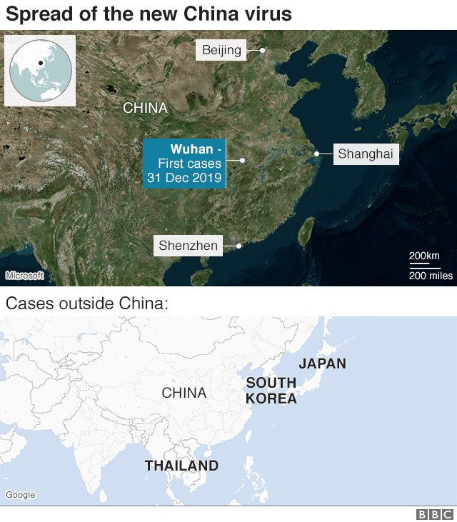 Map showing the cities where the virus has spread in China, and the countries abroad where cases have been reported