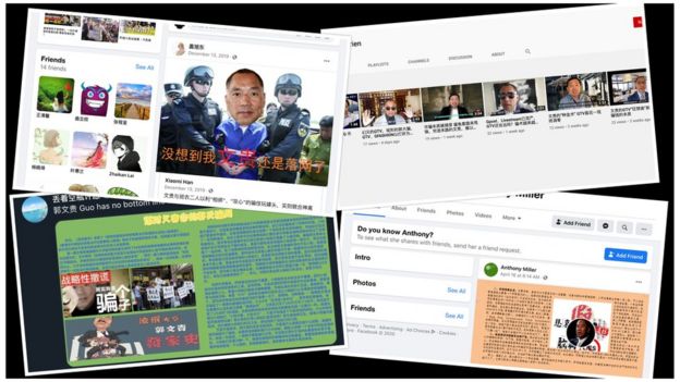 Screenshots from Facebook, Twitter and YouTube: Exiled tycoon and critic of the Chinese government Guo Wengui was one of the targets of the network