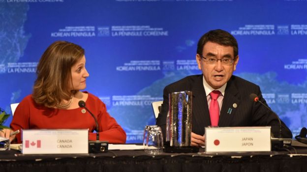 Chrystia Freeland, Canada"s Minister of Foreign Affairs,(L) listens while Taro Kono, Japan's Foreign Affairs Minister speaks