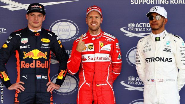 Max Verstappen, Sebastian Vettel and Lewis Hamilton after qualifying