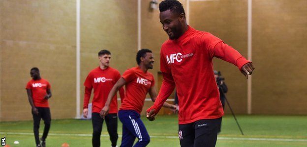 Middlesbrough's John Mikel Obi on the ball during a training session with Club Together, a team made of up refugee footballers
