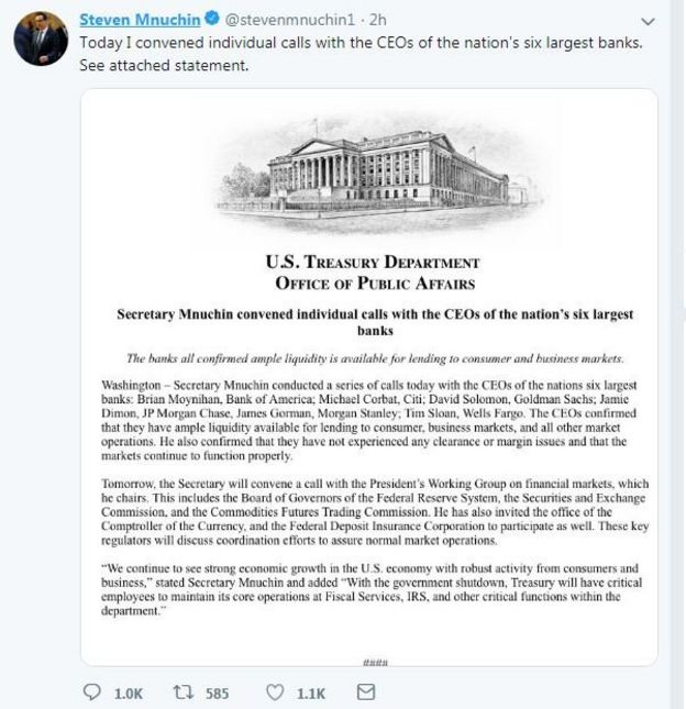 Tweet by Steven Mnuchin, 77th US Secretary of the Treasury. Website his https://go.usa.gov/x9uXb