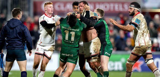 Ulster and Connacht players scuffle