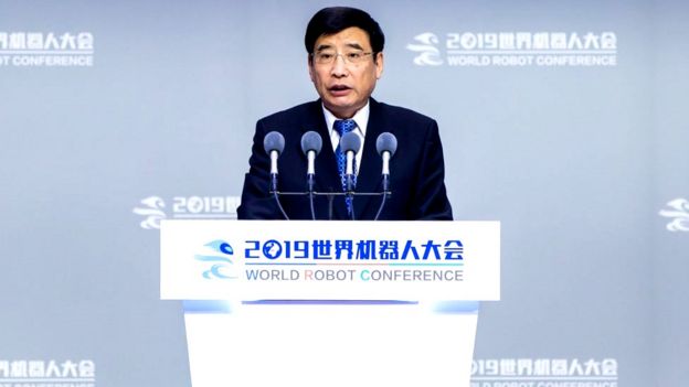 Miao Wei, Minister of Industry and Information Technology, speaks during the opening ceremony of the World Robot Conference (WRC) 2019 at Beijing Etrong International Exhibition and Convention Center on August 20, 2019 in Beijing, China.