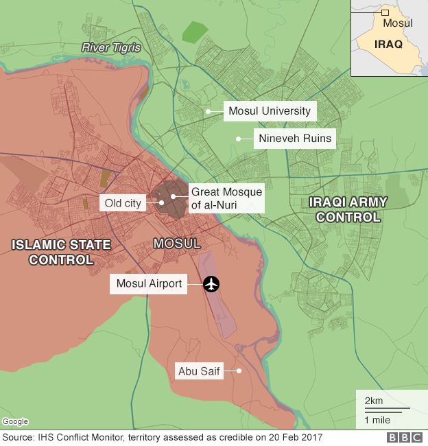 Map showing who controls the centre of Mosul in Iraq