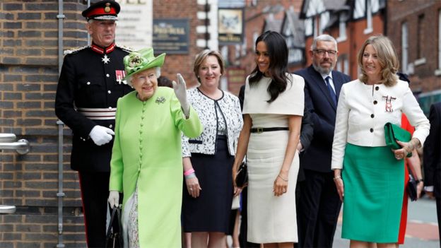 The Queen Elizabeth and Duchess of Sussex arrive at the Storyhouse