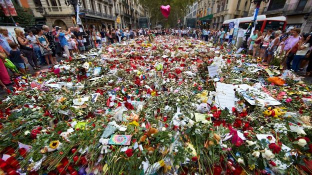 The Las Ramblas memorial as it was, a carpet of flowers and gifts, Barcelona, August 2017