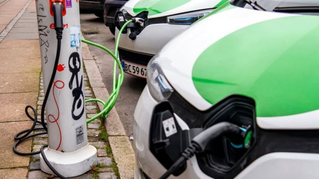 Charging the electric car in Copenhagen, Denmark