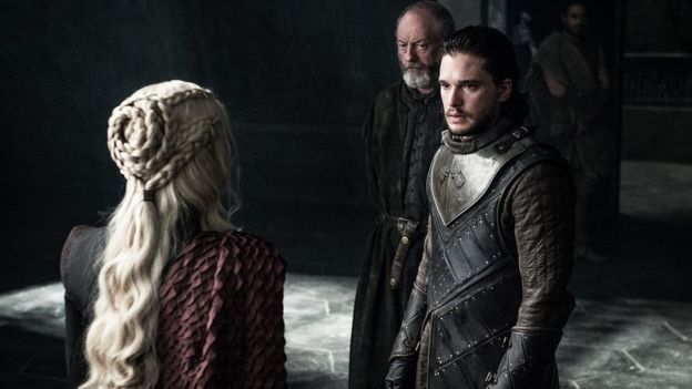 Jon Snow con Daenerys y Davos.