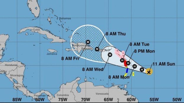 A handout graphic made available by National Hurricane Center shows the location and possible track of tropical storm Maria, Atlantic Ocean, 17 September 2017