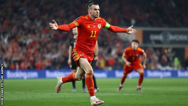 Gareth Bale celebrates scoring in Wales' World Cup play-off semi-final in March