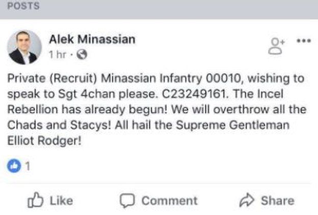 Facebook confirmed that the screenshot of this post by Alek Minassian, which has been circulating widely on social media, is genuine