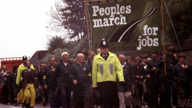 Demonstrators march from Liverpool to London in protest of the unemployment rate when Margaret Thatcher was prime minister, in 1981