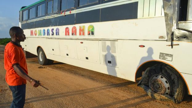 The Mombasa Raha bus that was attacked by armed assailants killing three people and injured two others in Nyongoro area of Lamu County, Kenya January 2, 2020