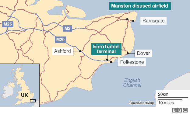 map showing Manston Airport and the Eurotunnel terminal
