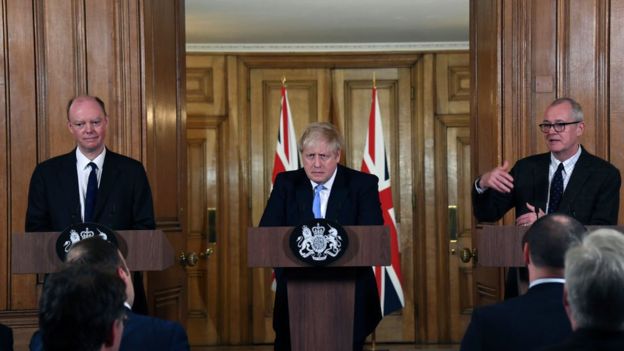 Thủ tướng Boris Johnson, Cố vấn Y tế trưởng xứ Anh Chris Whitty và Cố vấn trưởng về Khoa học Patrick Vallance