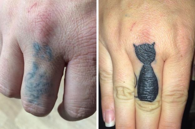 Angela's hand showing lasered tattoo and then a cat image covering it