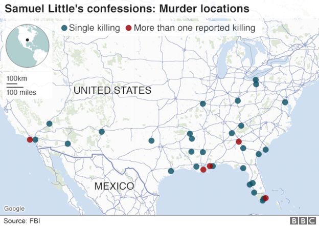 Map of deaths linked to Little from FBI data