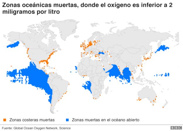 Mapa con la zonas muertas del mundo