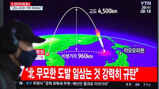 A television screen in Seoul, South Korea, shows a graphic of a North Korean inter-continental missile test in November 2017
